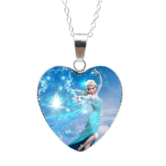 2019 Hot Selling Elegant Jewelry Elsa Anna Princess Snow Queen Anime Movie Silver Chains Glass Dome Heart Pendants Necklace 