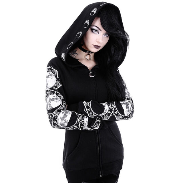 5XL Gothic Punk Women Print Long Sleeve Hoodies Sweatshirts Casual Zipper Jacket Hooded Tops Female Autumn Winter Black Hoodies.