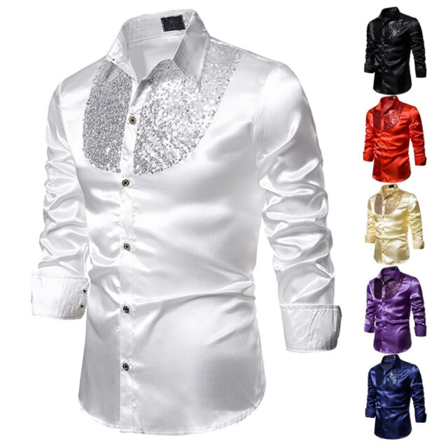 Men's Sequins Embroidered Western Shirts Slim Fit Long Fashion Silk Shirt Men Nightclub Disco Dance Party Stage Prom Custume 2XL