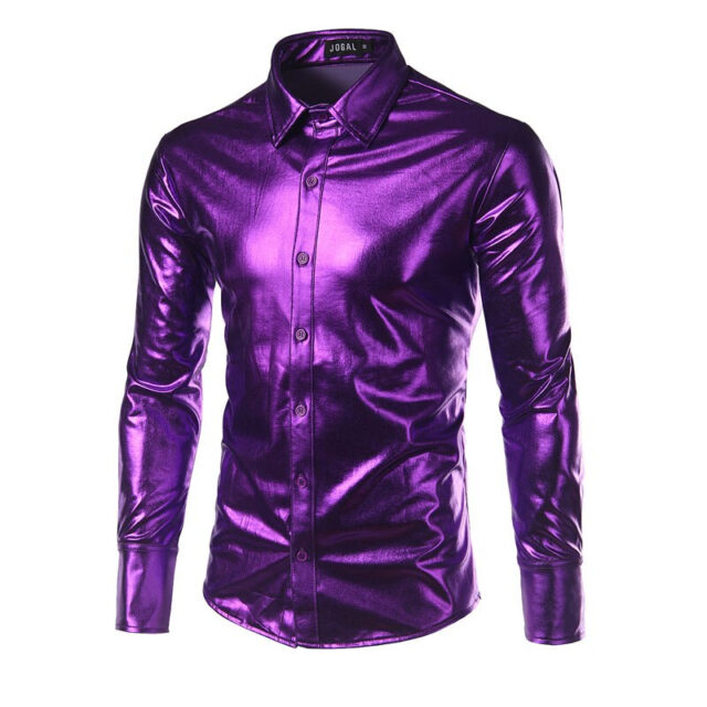 Purple Coated Metallic Night Club Men Shirt Fashion Shiny Slim Fit Long Sleeve Dress Shirts Mens Casual Button Down Party Shirts