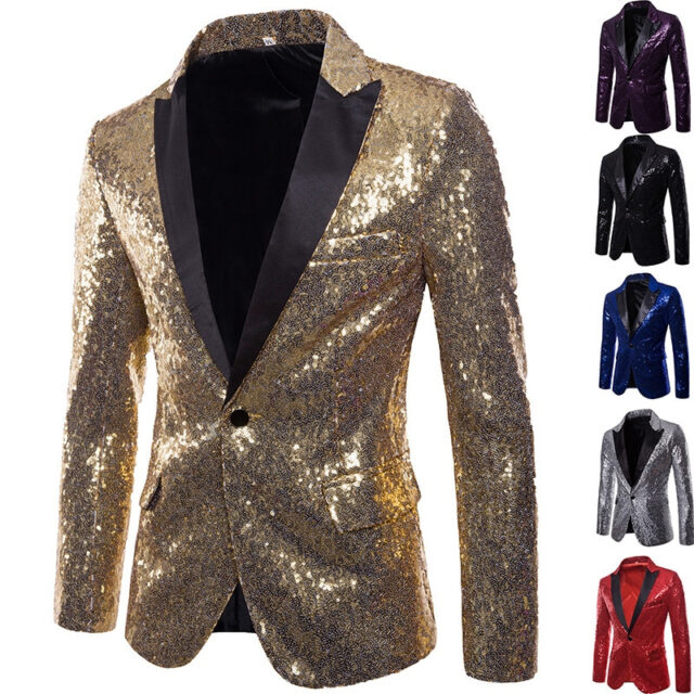 Shiny Gold Sequin Glitter Embellished Blazer Jacket Men