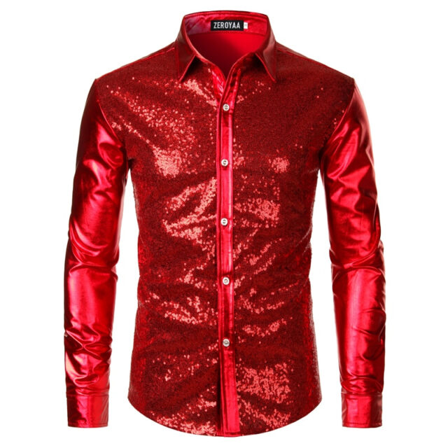 Silver Metallic Sequins Glitter Shirt Men 2019 New 70's Disco Party Halloween Costume Chemise Homme Stage Performance Shirt Male
