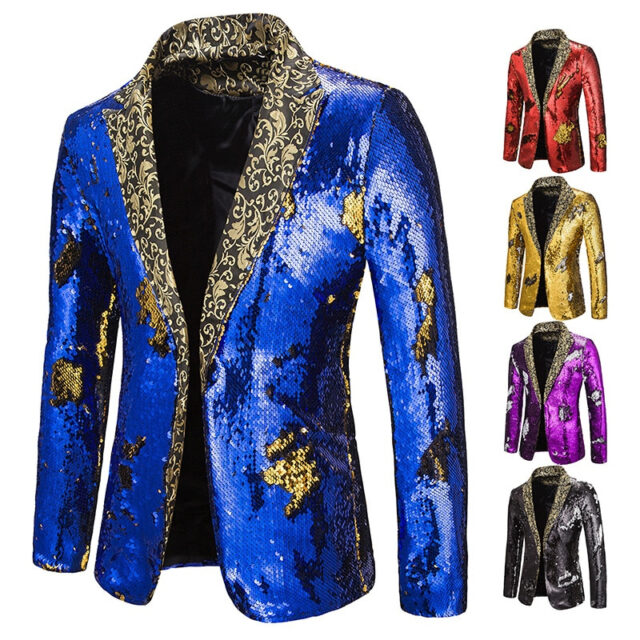 Luxury Royal Blue Sequin Glitter Blazer Jacket Men Flower Lapel 2 Color Conversion Blazers Mens Nightclub Stage Singers Custmes