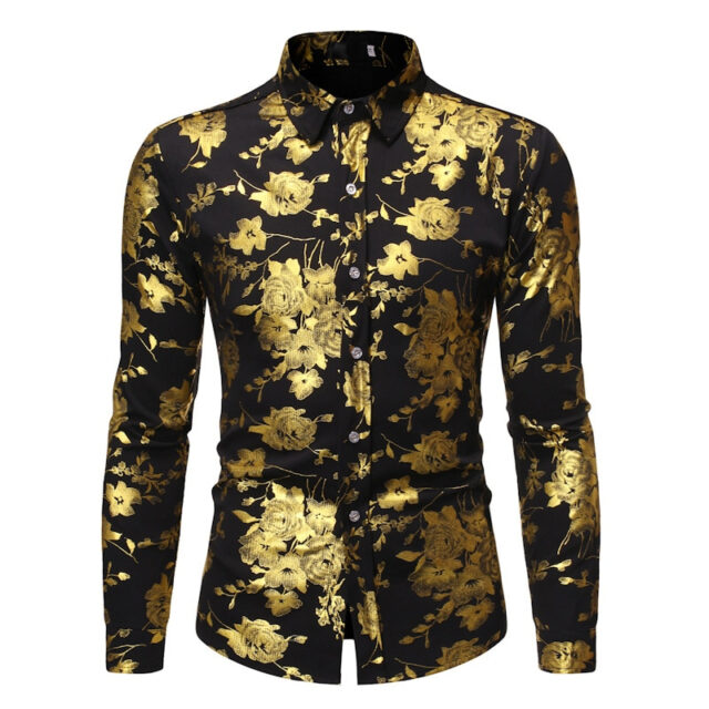 Men's Golden Rose Luxury Design Dress Shirts 2019 Autumn New Slim Fit Button Down Flowered Printed Stylish Party Club Shirt S-XL