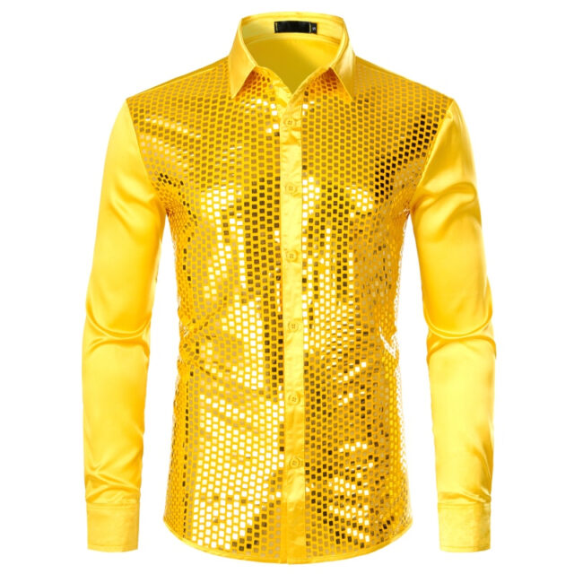 Men's Luxury Sequin Dress Shirts Long Sleeve Silk Satin Shiny Disco Party Shirt Men Chemise Stage Dance Nightclub Prom Costume