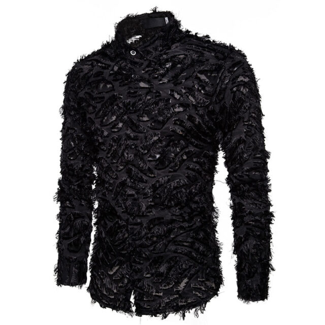 Sexy Black Feather Lace Shirt Men 2020 Fashion See Through Clubwear Dress Shirts Mens Event Party Prom Transparent Chemise S-3XL