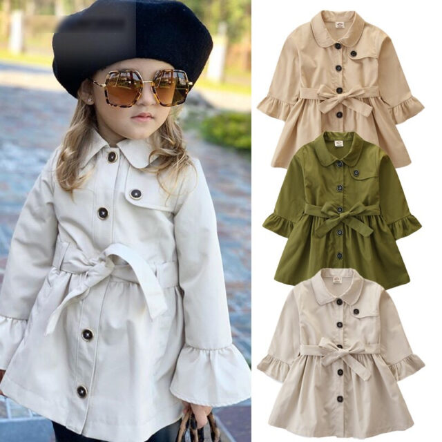 FOCUSNORM 2-7Y Infant Baby Girl’s Solid Trench Coat Fashion British Style Single-breasted Lapel Bandage Long-sleeved Coat