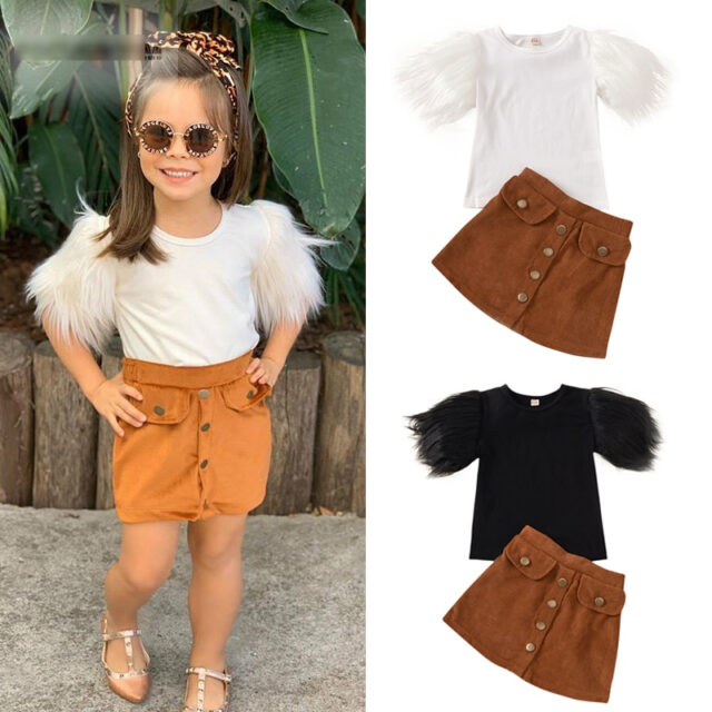 2-8Years Girls Clothes Sets Fur Short Sleeve Solid T Shirts Tops Button A-Line Skirts