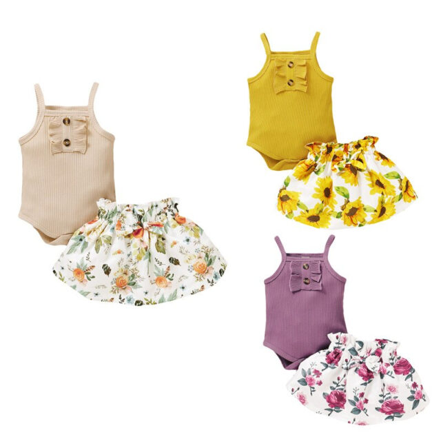 FOCUSNORM 0-18M Newly Summer Girls Clothes Sets Ruffles Sleeveless Solid Romper Sunflowers Skirts 2pcs