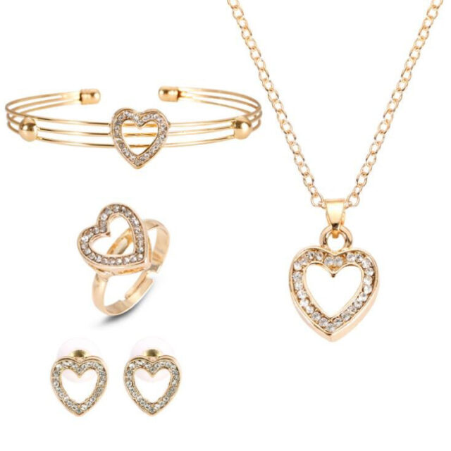 Cute Heart Shaped Necklace Earrings Sets 4 pcs/ Set
