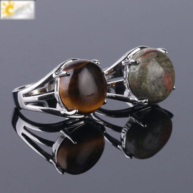 CSJA Crystal Ring for Women Natural Stone Ring Round Beads Casual Finger Rings Purple Quartz Silver Color Party Jewelry F476