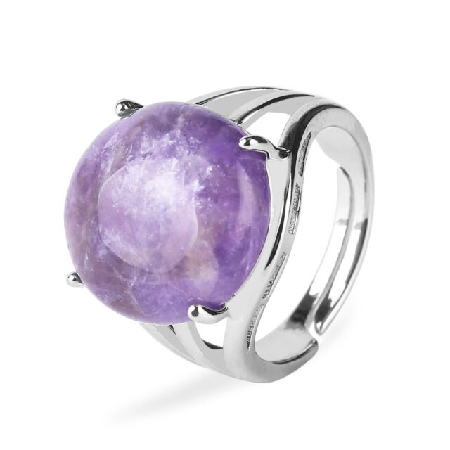 CSJA Crystal Ring for Women Natural Stone Ring Round Beads Casual Finger Rings Purple Quartz Silver Color Party Jewelry F476