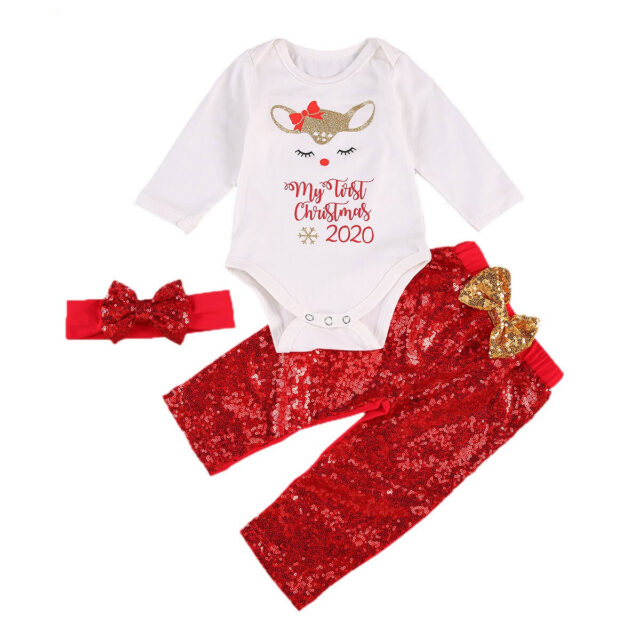 Ma&Baby 0-24M 2020 Christmas Baby Girl Clothes Set Letter Deer Romper Red Sequins Bow Pants Outfits Xmas Costumes