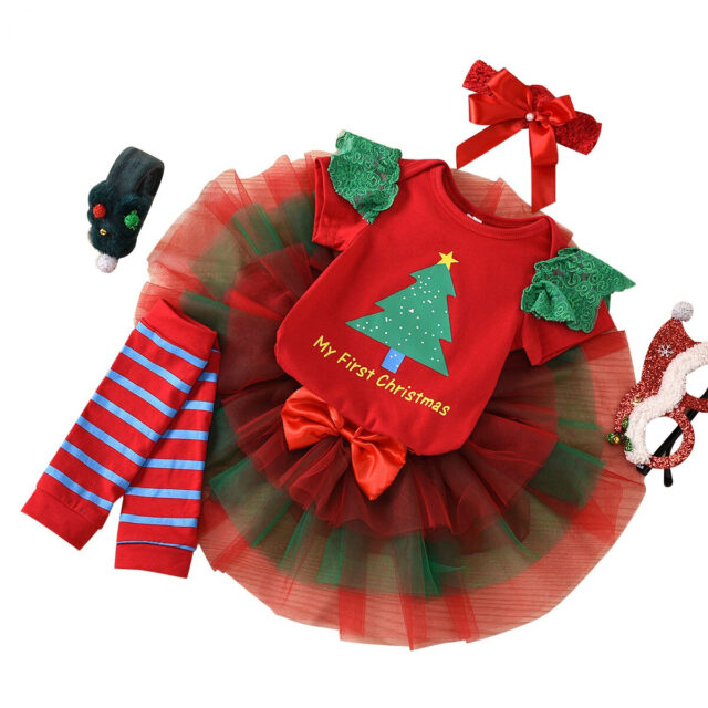 Ma&Baby 0-24M My 1st Christmas Baby Girl Clothes Set Red Romper Green Tutu Skirts Bow Headband Leg Warmers Xmas Party  Outfits