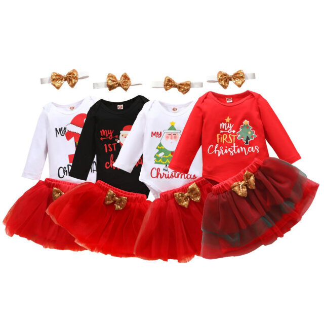 Ma&Baby 0-24M Christmas Baby Girls Clothes Set Infant Newborn Girls Cartoon Santa Romper Sequins Bow Skirts Princess Xmas Outfit