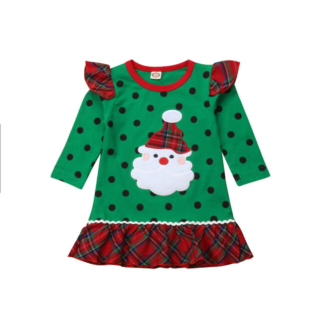 0-6Y Christmas Toddler Kid Baby Girls Dress Santa Claus Green Long Sleeve Party Birthday Dress For Girls