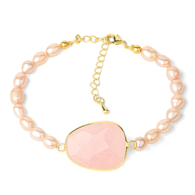 CSJA Adjustable Bracelets Faceted Pink Quartz Freshwater Pearls Bracelet Gold-color Extension Chain Charm Jewelry for Women G473