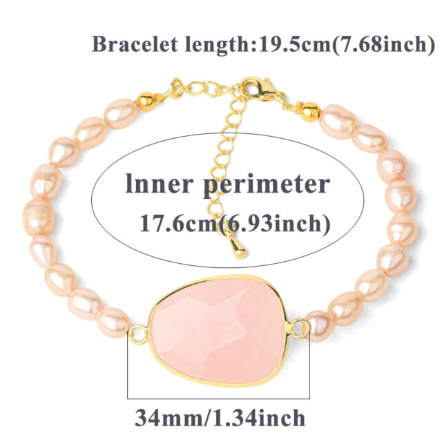 CSJA Adjustable Bracelets Faceted Pink Quartz Freshwater Pearls Bracelet Gold-color Extension Chain Charm Jewelry for Women G473