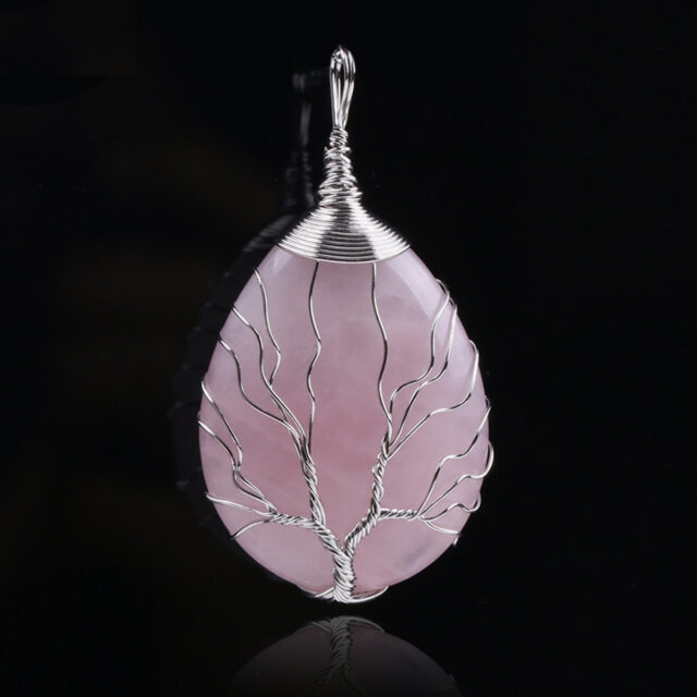 CSJA Natural Stone Pink Quartz Necklace & Pendant Silver-color Tree of Life Wire Wrapped Water Drop Shape for Women Jewelry F122