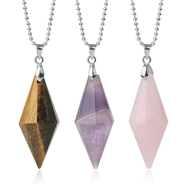CSJA Symmetry Cone Natural Stones Pendants Necklaces Multi Faceted Pyramid Healing Reiki Pink Quartz Crystal Female Jewelry G421