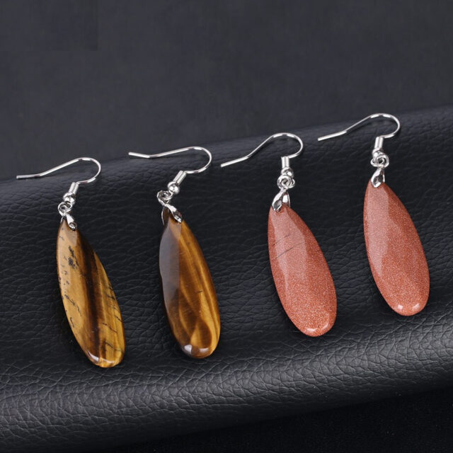 CSJA Dangle Long Earrings for Women Natural Stone Multifaceted Cutting Pendant Tiger Eye Crystal Lava Geometry Drop Earring F354