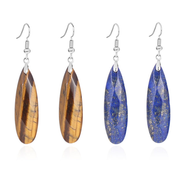CSJA Dangle Long Earrings for Women Natural Stone Multifaceted Cutting Pendant Tiger Eye Crystal Lava Geometry Drop Earring F354