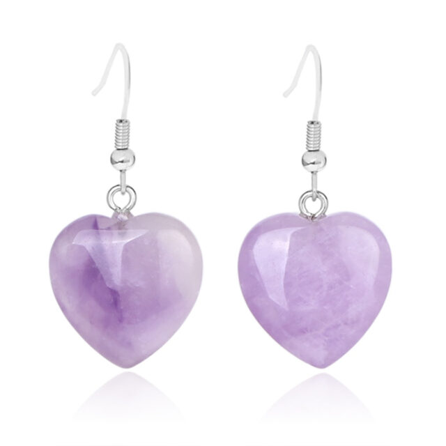 CSJA Natural Stone Earrings Heart Pendant Drop Earring Pink Purple Quartz Crystal Dangle Girls Women Party Wedding Jewelry F315