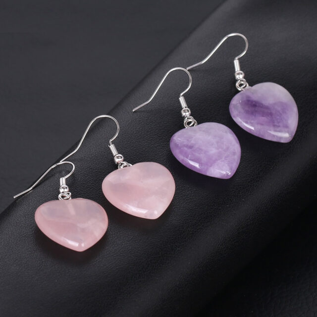 CSJA Natural Stone Earrings Heart Pendant Drop Earring Pink Purple Quartz Crystal Dangle Girls Women Party Wedding Jewelry F315