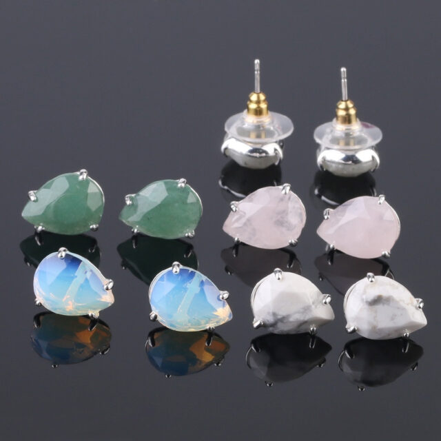 CSJA Water Drop Shape Stud Earrings Silver Color Natural Stone Faceted Pink Quartz Crystal Tiger Eye Healing Jewelry Female G035