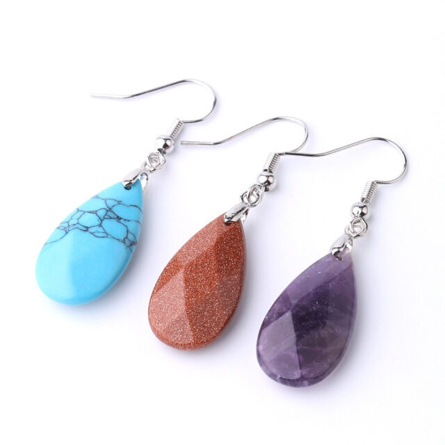 Natural Stone Water Drop Earrings Multi-faceted Beads Pendants Earring