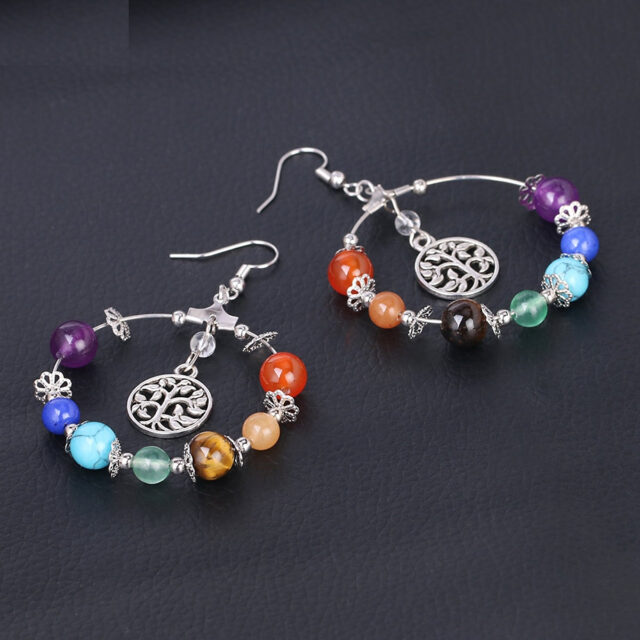 CSJA 7 Chakra Tree of Life Women Drop Earrings Natural Round Gem Stone Bead Reiki Healing Crystal Earrings Bohemian Jewelry E769