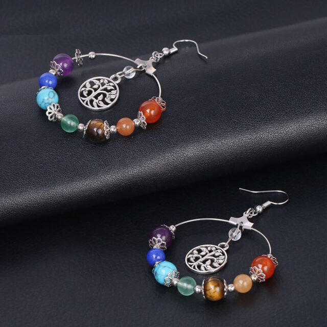 CSJA 7 Chakra Tree of Life Women Drop Earrings Natural Round Gem Stone Bead Reiki Healing Crystal Earrings Bohemian Jewelry E769