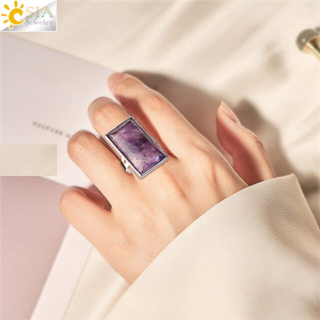 CSJA Rectangle Natural Stones Finger Rings Silver-color Adjustable Ring Healing Crystal Pink Quartz Women Statement Jewelry G456