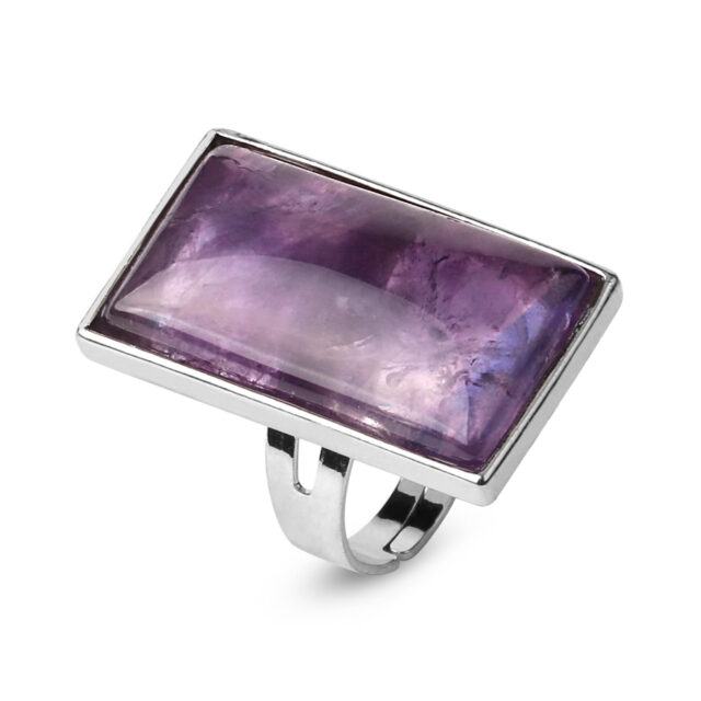 CSJA Rectangle Natural Stones Finger Rings Silver-color Adjustable Ring Healing Crystal Pink Quartz Women Statement Jewelry G456