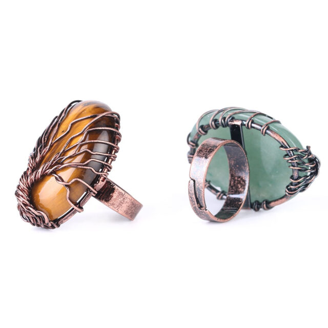 CSJA Antique Rings for Women Vintage Finger Jewelry Egg Shape Natural Stone Bead Wire Wrapped Tree of Life Adjustable Ring F391