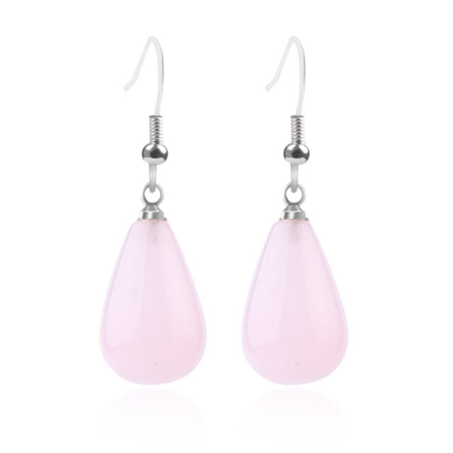 CSJA Reiki Natural Stone Jewelry Set for Women Pink Quartz Crystal Earring Finger Ring Waterdrop Shaped Romantic Lover Gift F662