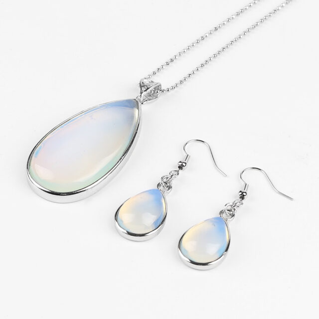CSJA Women Boho Jewelry Sets Natural Gem Stone Water Drop Necklace Earring Set Lapis Lazuli Opal Pink Quartz Chakra Healing E567