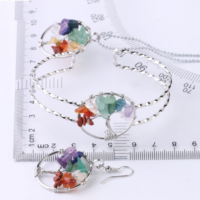 CSJA Life of Tree Set Natural Chip Stone Rainbow Chakra Gravel Earrings Necklace Adjustable Open Bangle Cuff Reiki Jewelry F649