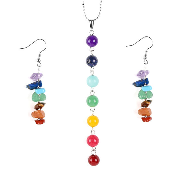 CSJA 7 Chakras Yoga Women Jewelry Sets Healing Reiki Rainbow Chips Earrings Necklaces Pendants Natural Gem Stone Mala Beads E702