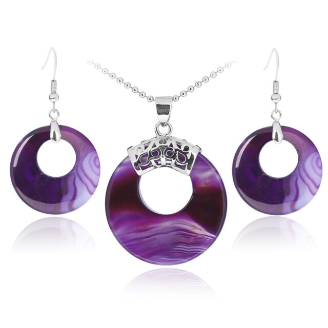 CSJA Jewellery Sets for Women Natural Hollow Round Gem Stone Onyx Unakite Purple Crystal Opal Earrings Necklaces Healing E568