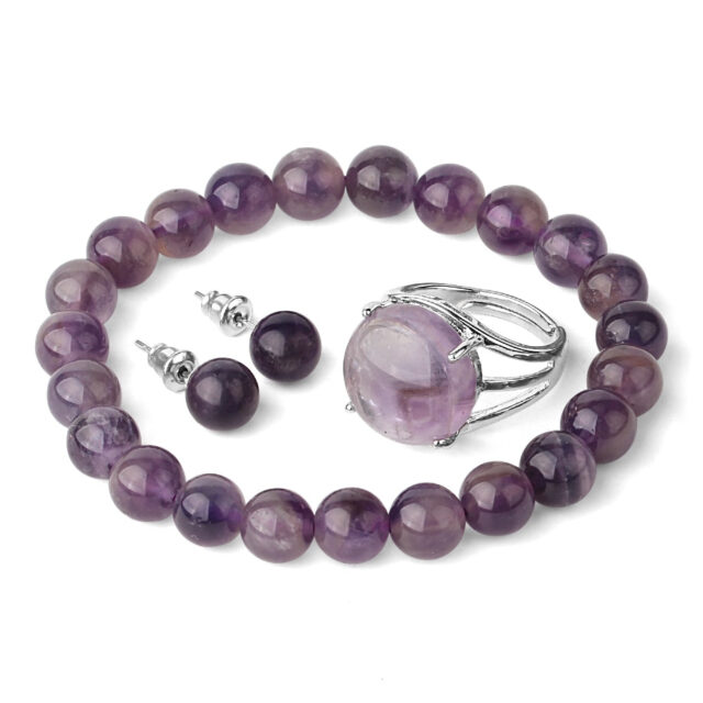 CSJA Natural Stones Jewelry Sets Healing Pink Quartz Purple Crystal Green Aventurine Stud Earrings Bracelets Ring for Women G369