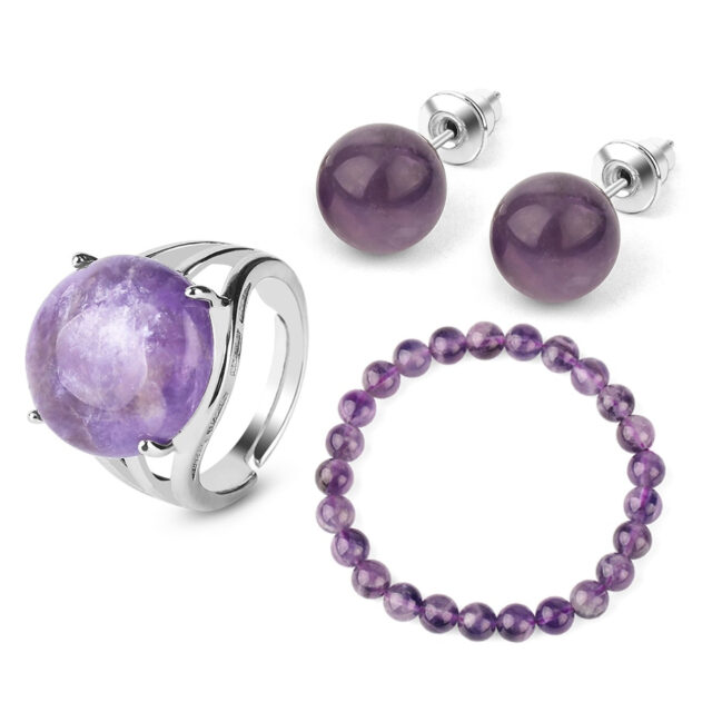 CSJA Natural Stones Jewelry Sets Healing Pink Quartz Purple Crystal Green Aventurine Stud Earrings Bracelets Ring for Women G369